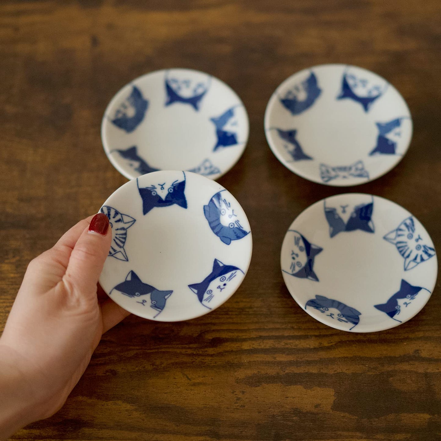 LOVE LOVE JAPAN Japanese Cat Design Ceramic Small Plates - Set of 4 - Great for Sushi, Dips, & Desserts, Cat Quintet