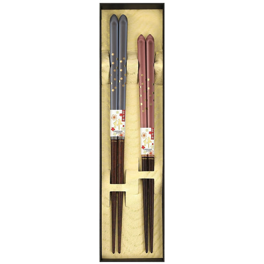 Japanese Chopsticks Set of 2 Pairs [Made in Japan] - Metallic Foil Finish Lacquered Wooden Chopsticks (Golden Dew 2prs(MK053))
