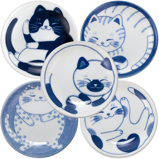 LOVE LOVE JAPAN Dessert Sushi Soy Sauce Salad Small Plate Set Ceramic Cats Design Set of 5 Made In Japan Sleeping Cat
