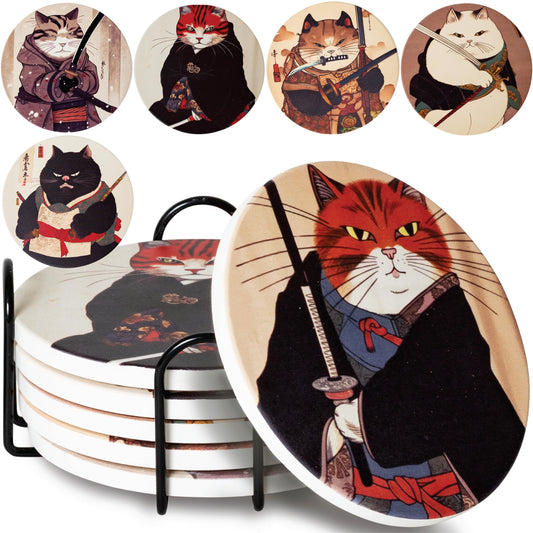 Gifts for Cat Lovers - Ninja Cat Coasters - Anime Cat Decor - Set of 6 Drink Coasters with Holder
